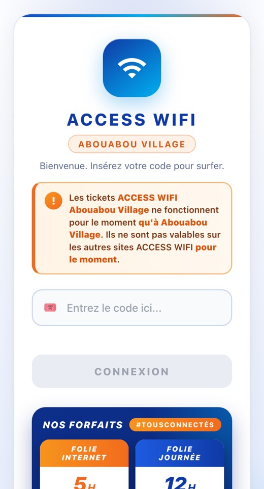 Page de connexion Access WiFi Abouabou village avec champ du code et forfaits