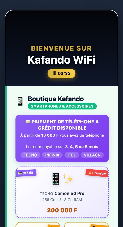 Page de connexion Kafando WiFi qui affiche aussi les promotions de la boutique