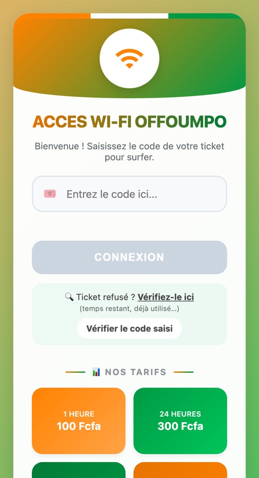Page de connexion Accès WiFi Offoumpo avec vérification du ticket et tarifs